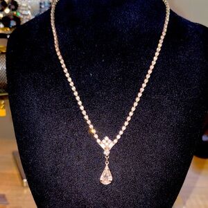 Vintage crystal sweetheart drop necklace, silver tone